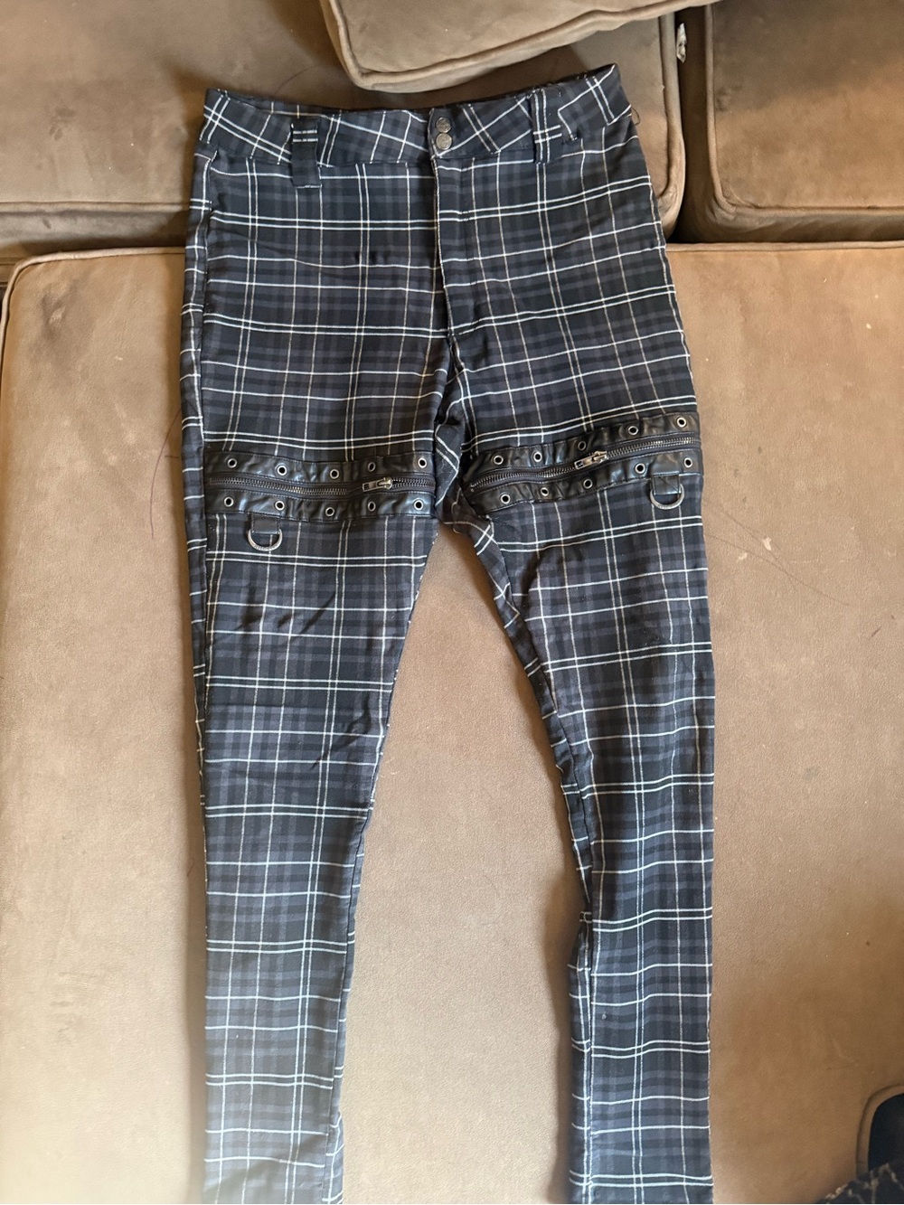 Killstar Black & Gray Plaid Cargo Pants with Grommet Straps